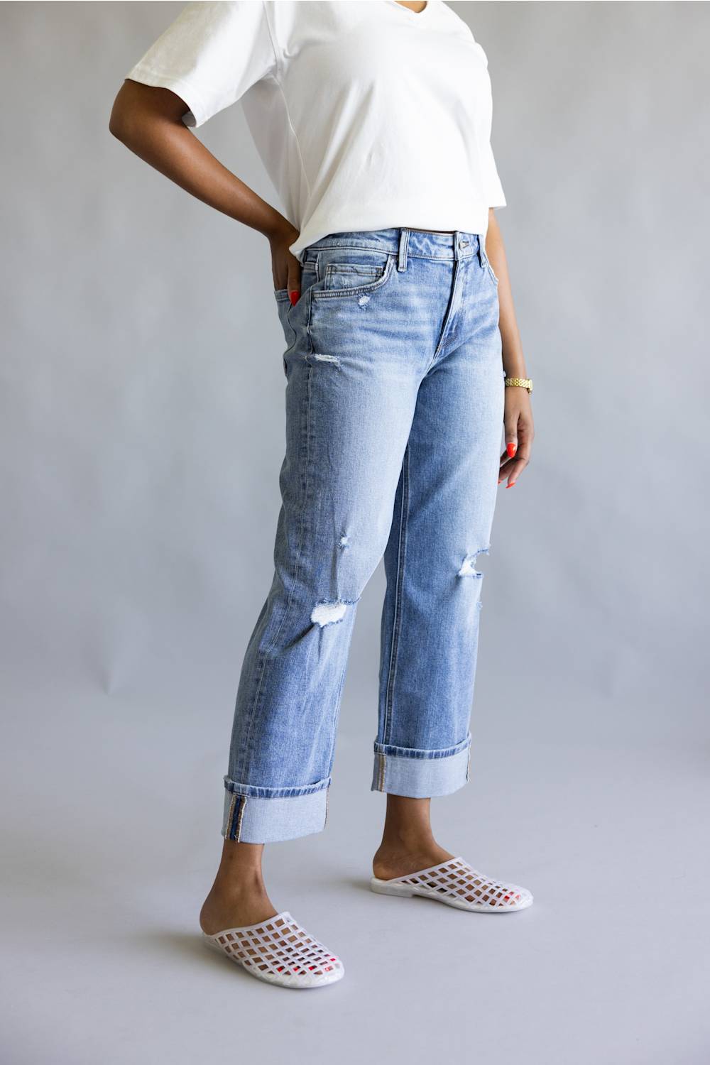 Vervet Mid Rise Cropped Straight Leg Cuff Jeans for Women
