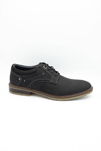 A single black leather ballet flat with a square toe and a small strap across the instep, shown in profile against a plain white background.