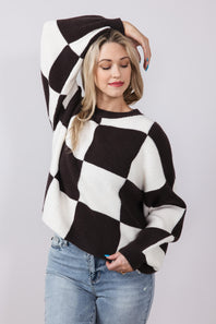 Checker Sweater for Women in Charcoal Brown | MSW1413-CHCBRN