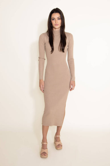 Mable Ribbed Bodycon Midi Sweater Dress With Slit for Women in Taupe
