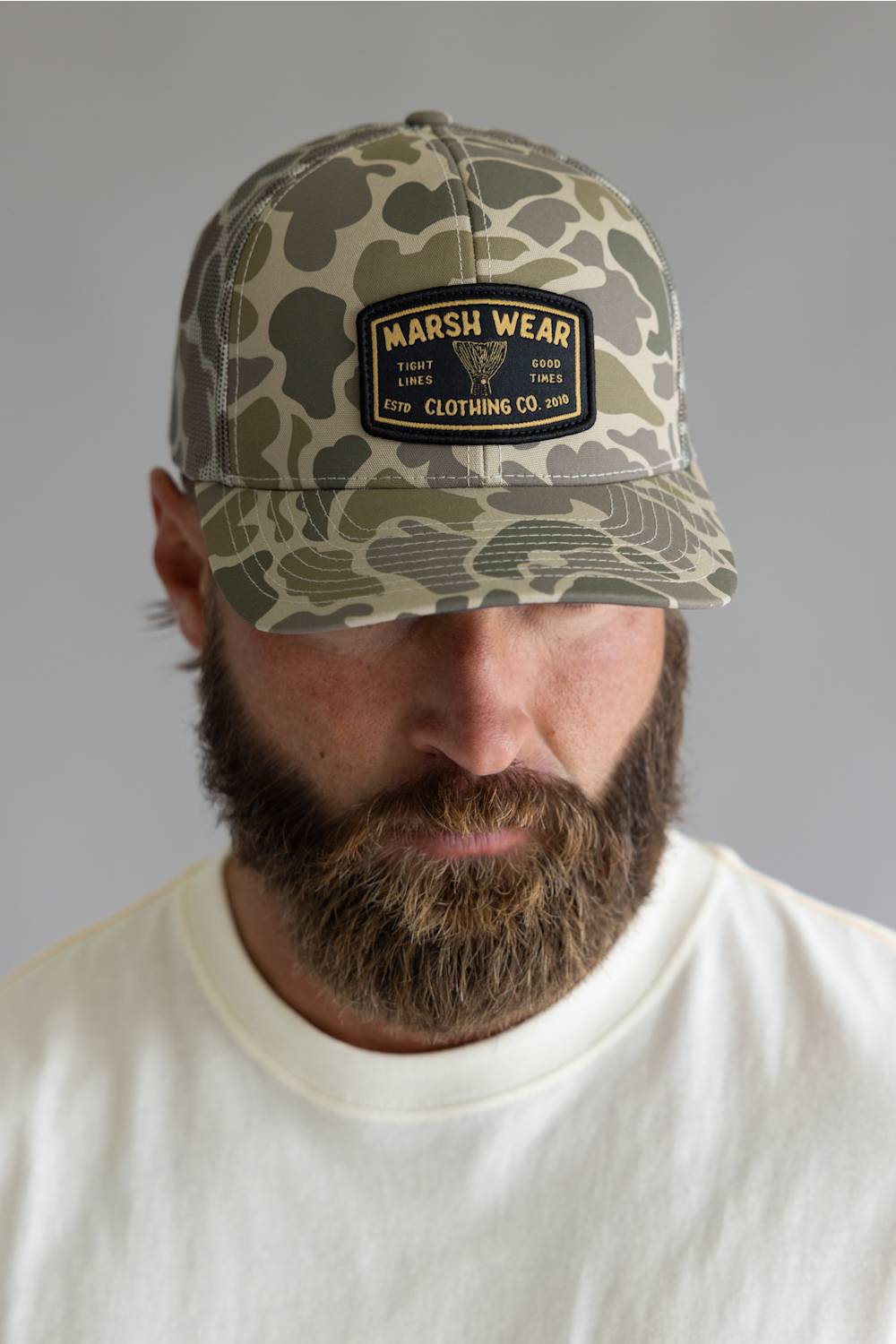 Marsh Wear Tight Lines Trucker Hat in Khaki Mallard Camo
