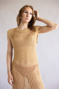 Mesh Longline Tunic Cover-Up for Women in Camel