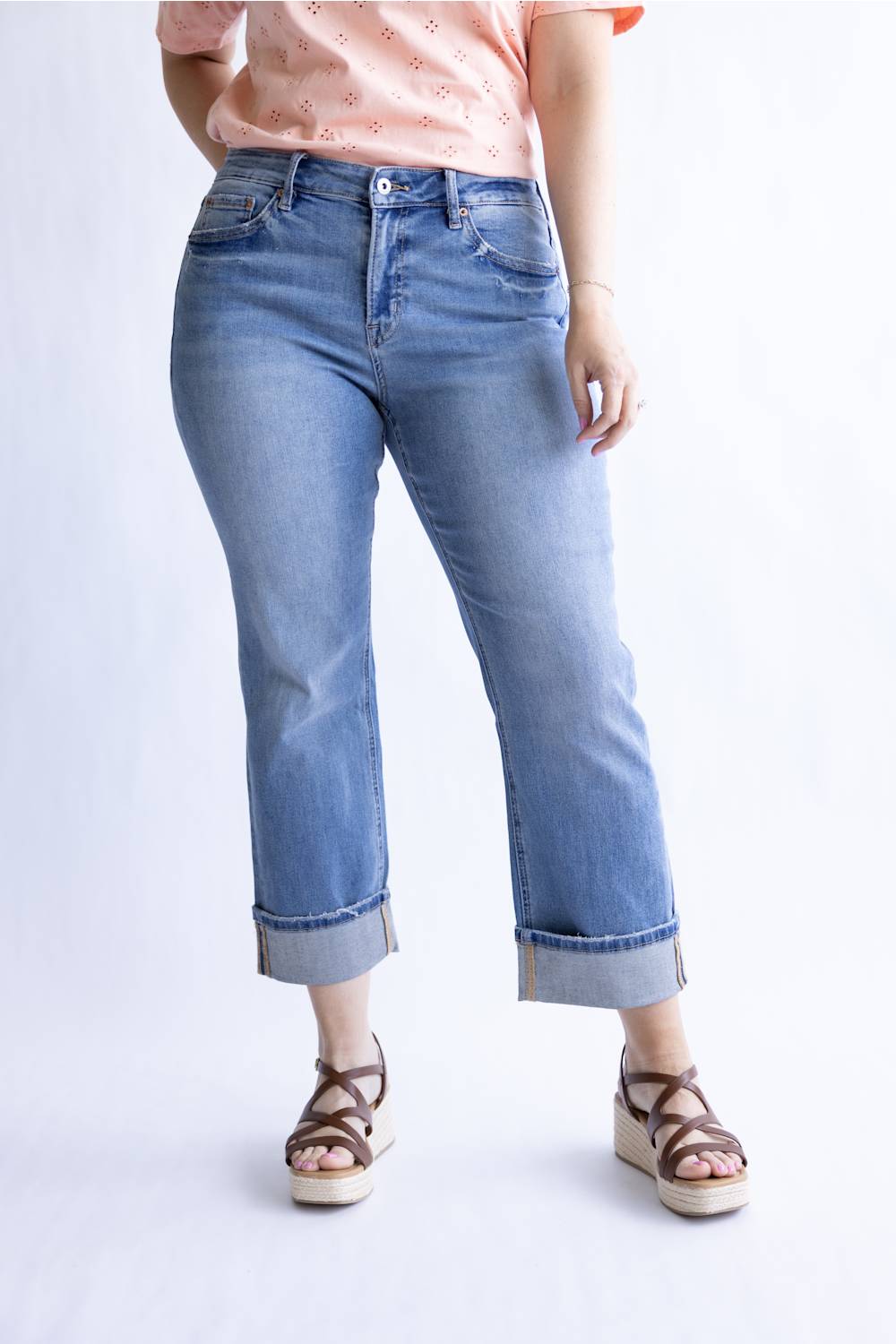 Mica Mid Rise Crop Straight Leg Cuffed Jeans for Women
