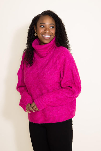 Miracle Clothing Braid Knit Turtleneck Cropped Sweater for Women in Pink