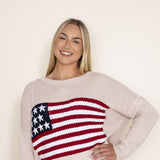 Miracle Clothing Knit American Flag Sweater for Women in Beige