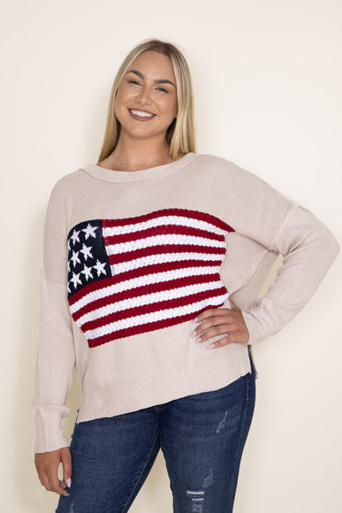 Miracle Clothing Knit American Flag Sweater for Women in Beige