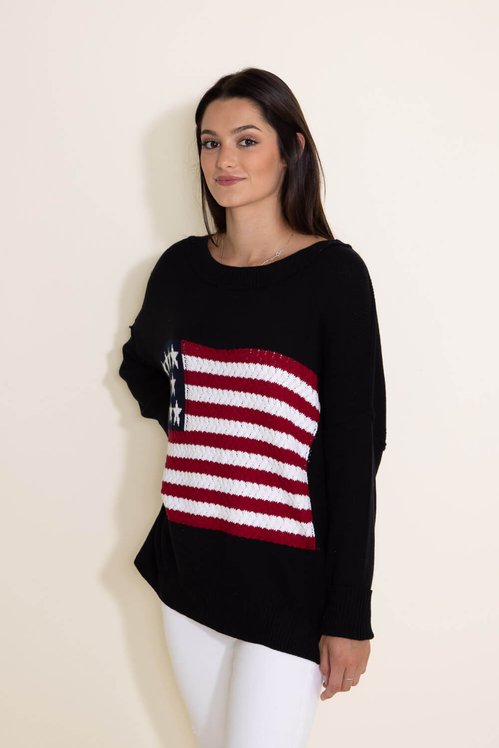 Miracle Clothing Knit American Flag Sweater for Women in Black