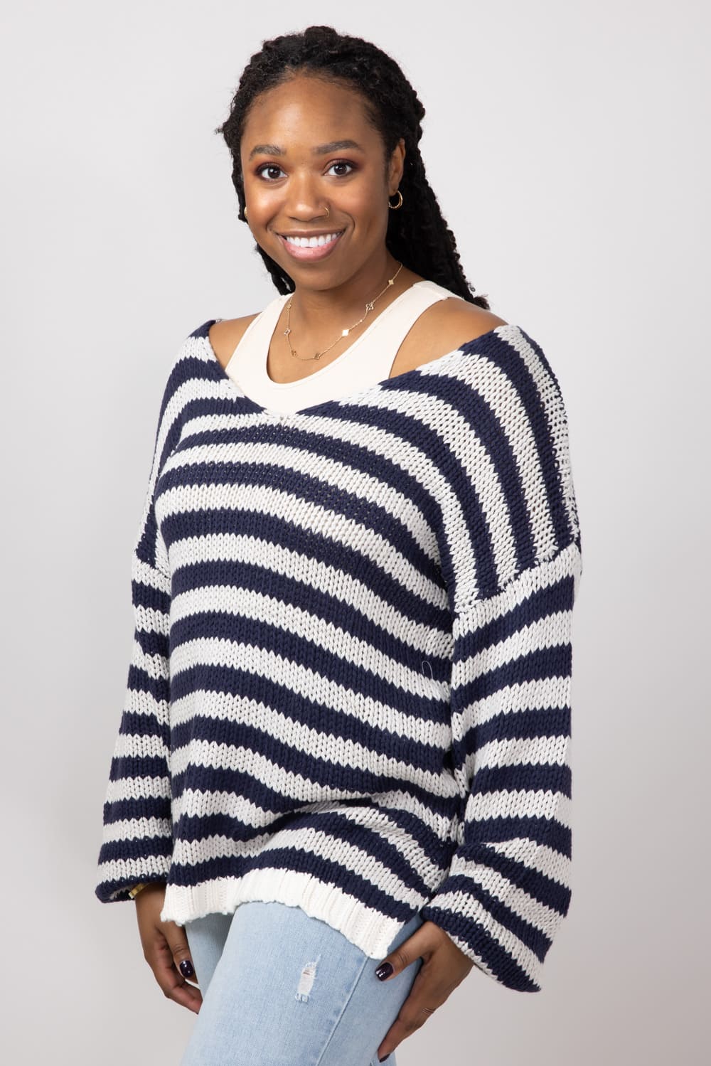 Miracle Striped V Neck Sweater for Women in Denim Combo
