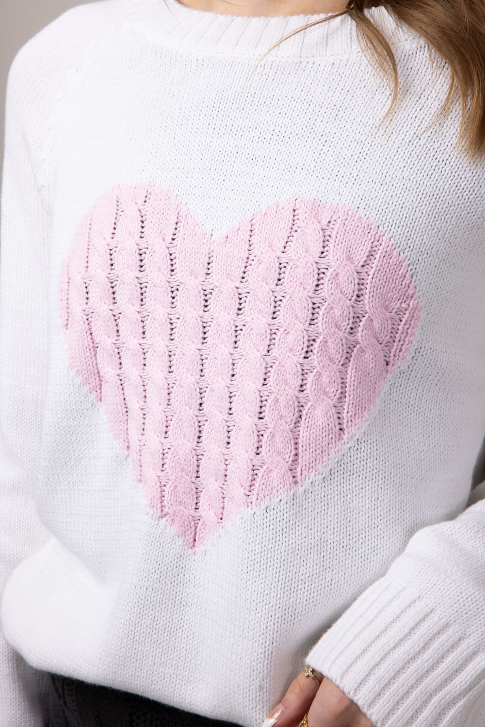 Miracle Textured Heart Sweater for Women in Ivory Pink Miracle Textured Heart Sweater for Women in Ivory Pink
