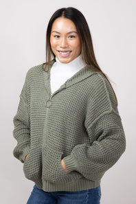 Miracle Textured Hooded Zip Sweater for Women in Sage