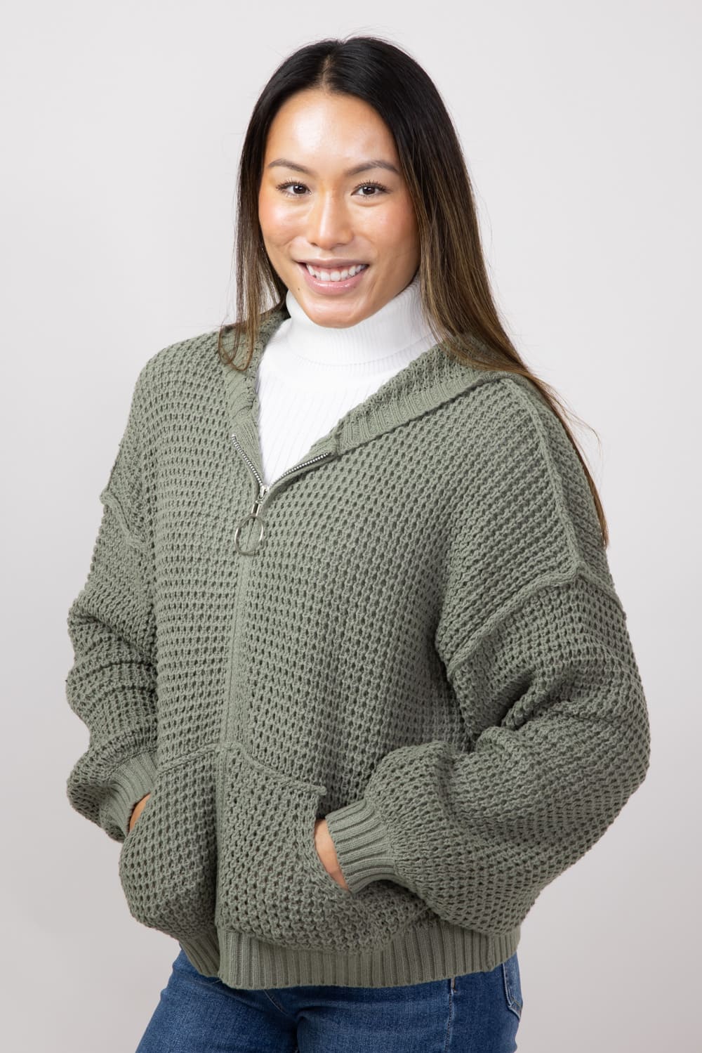 Miracle Textured Hooded Zip Sweater for Women in Sage