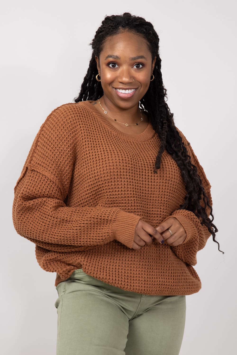 Miracle Waffle Cable Knit Sweater for Women in Camel