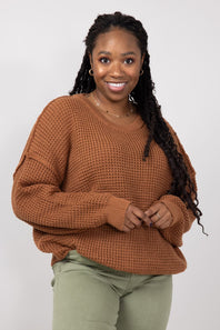 Miracle Waffle Cable Knit Sweater for Women in Camel