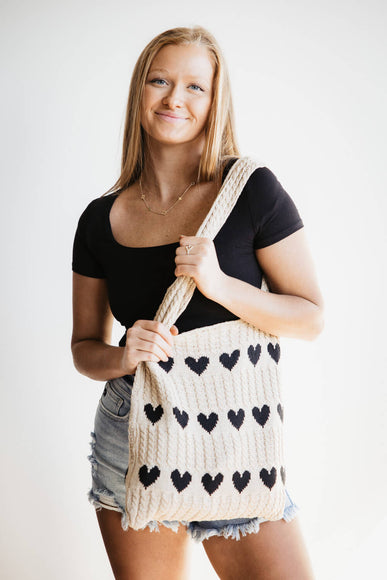 Black Heart Sweater Bag for Women in Beige/Black