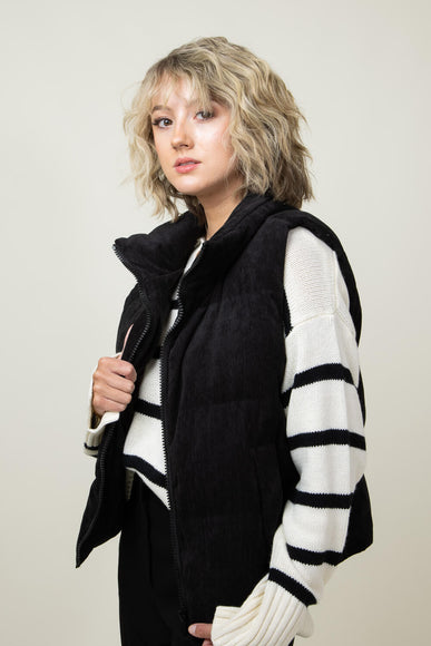 Corduroy Puffer Vest for Women in Black