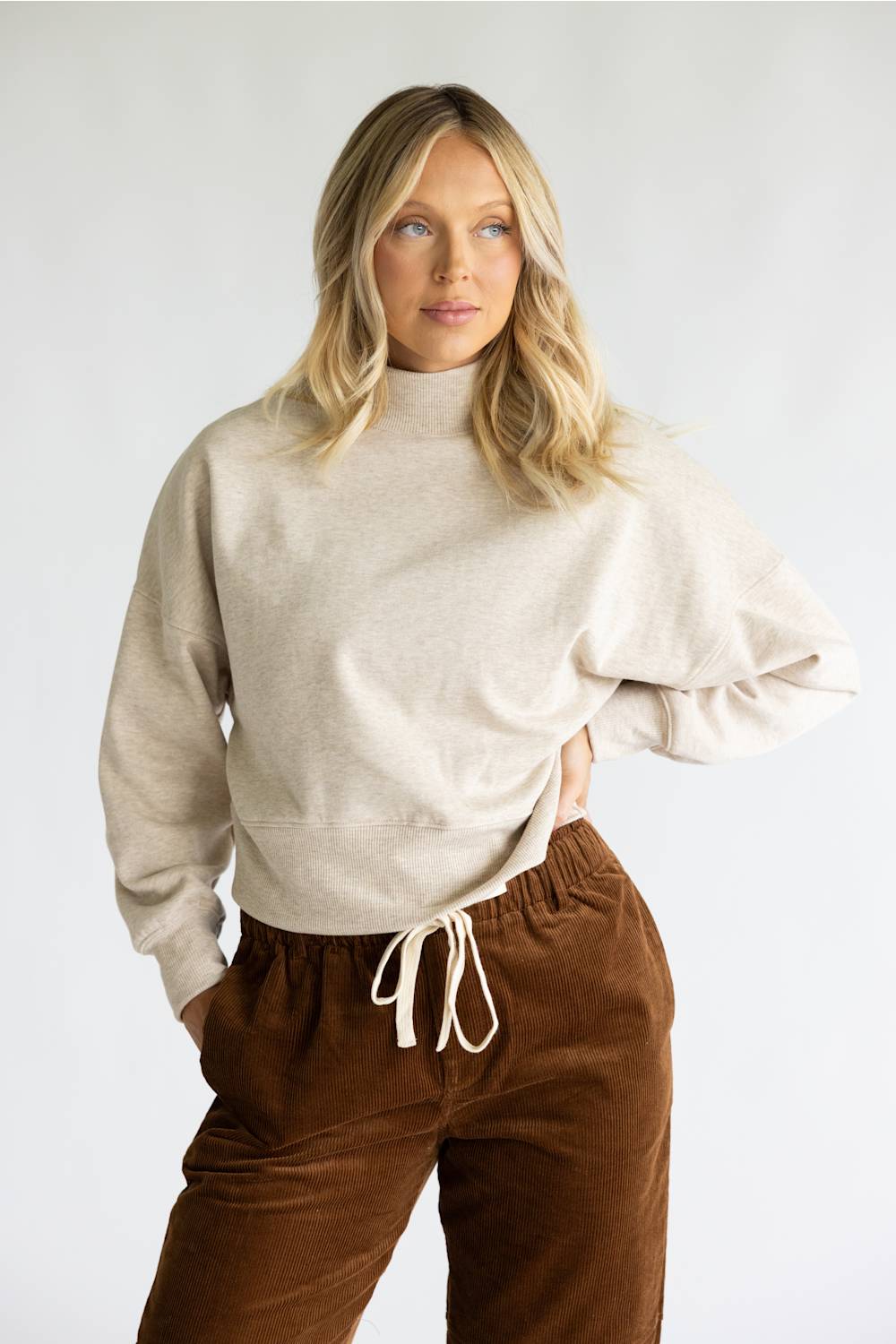 Moa Moa Cropped Mock Neck Pullover for Women in Oat