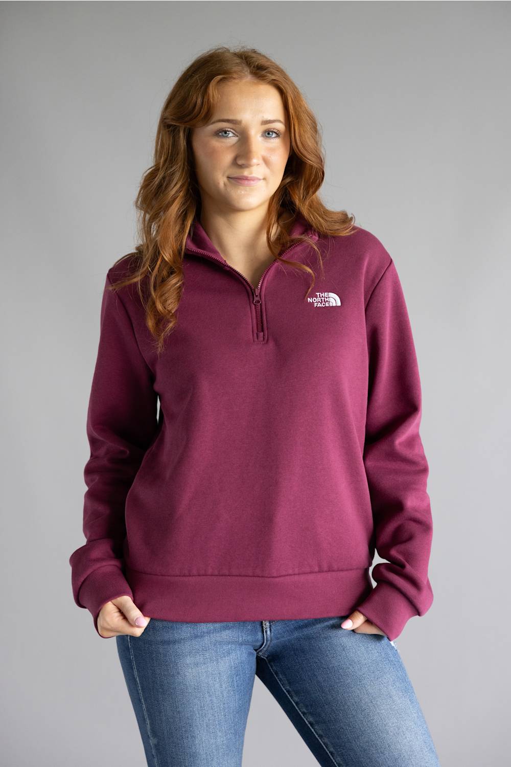 red zip neck on grey 