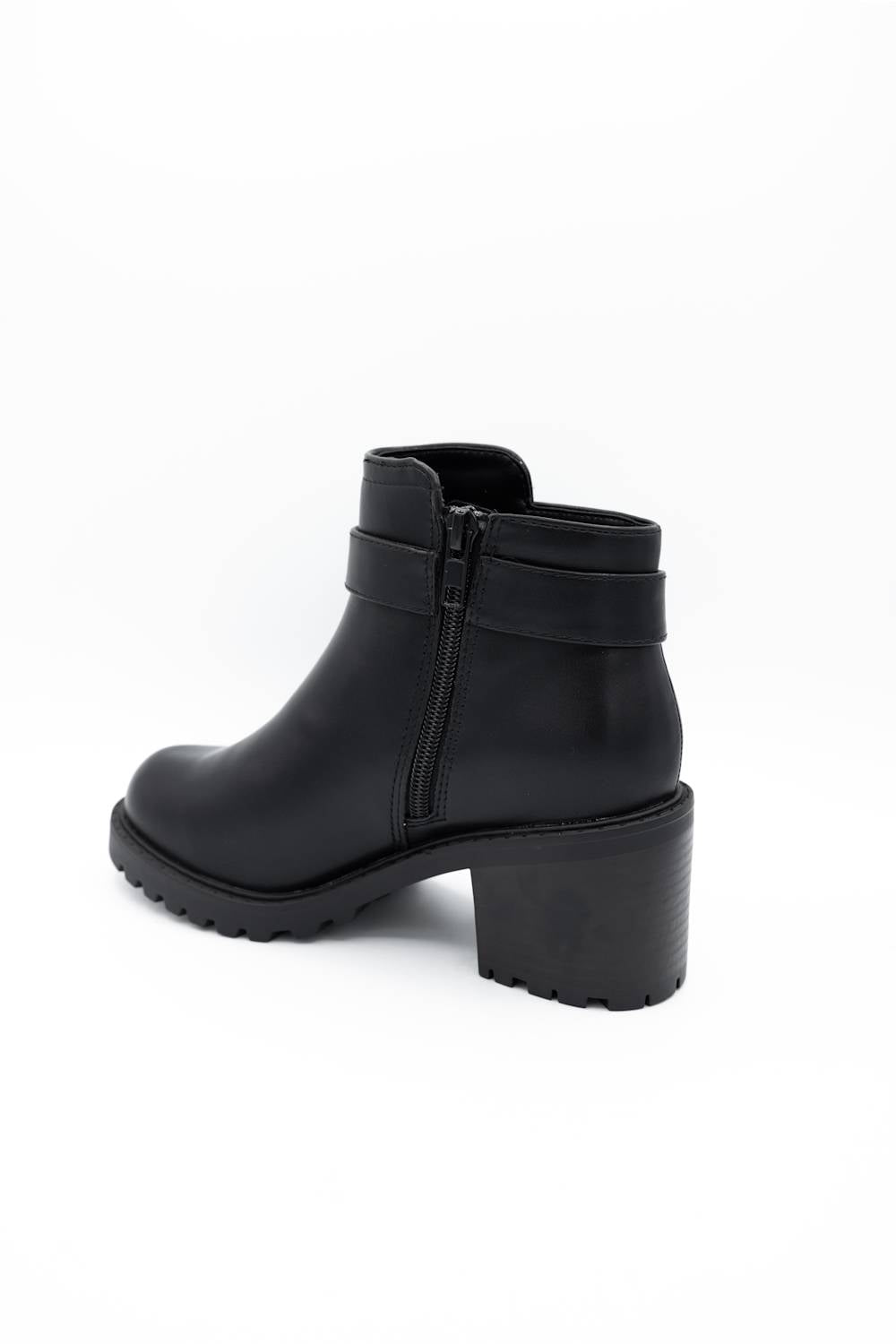 A black leather ankle boot with a chunky block heel, side zipper, and a decorative strap detail around the ankle, shown from a side profile on a white background.