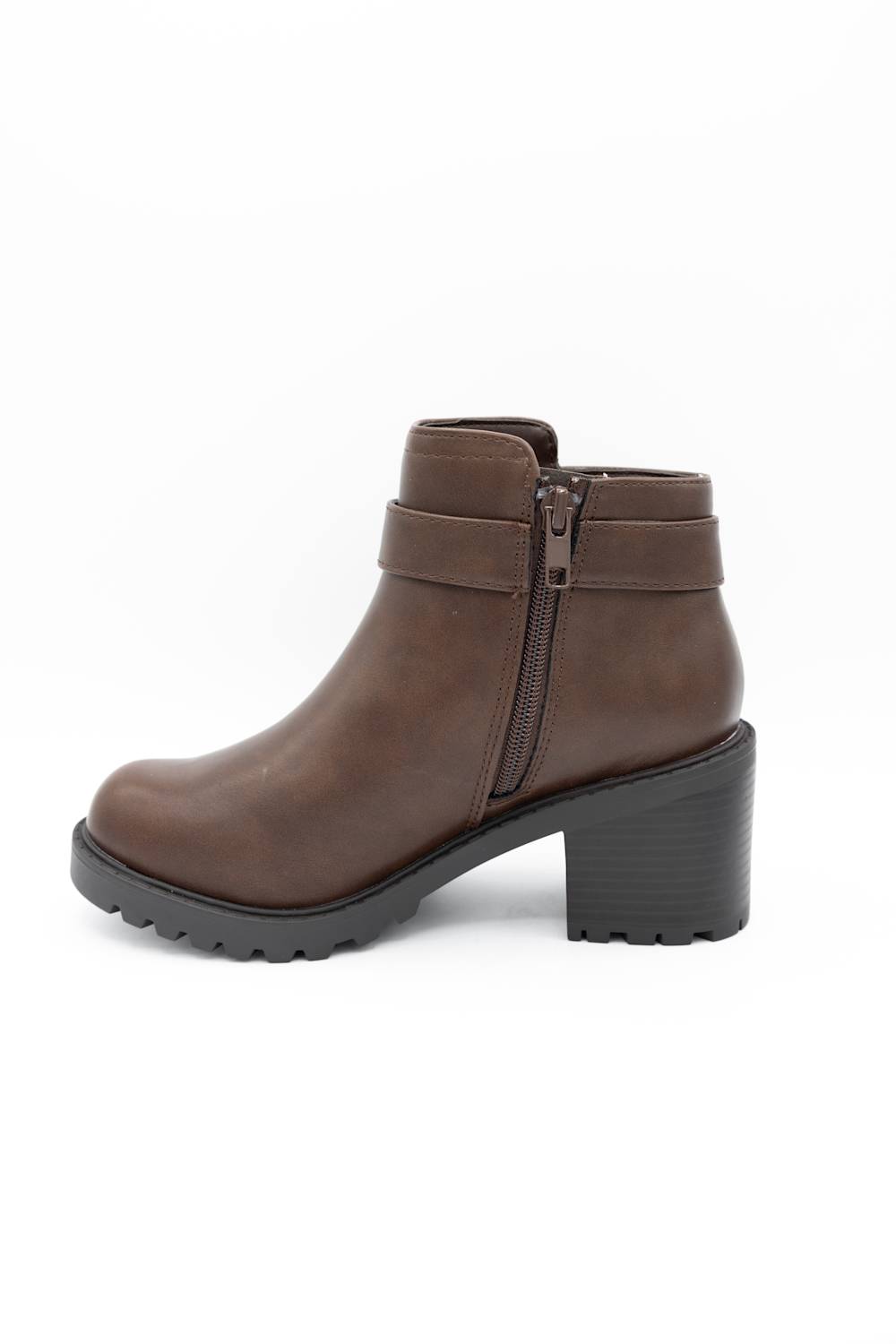 A brown faux-leather ankle boot with a chunky black block heel, a black treaded sole, and a side zipper, shown from a side profile on a white background.