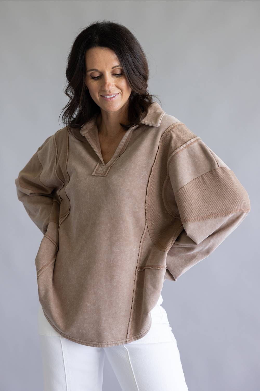 Mineral Wash Oversized French Terry Top for Women in Mocha