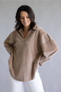 Mineral Wash Oversized French Terry Top for Women in Mocha