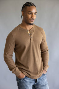 North River Waffle Henley Shirt for Men in Barn Heather