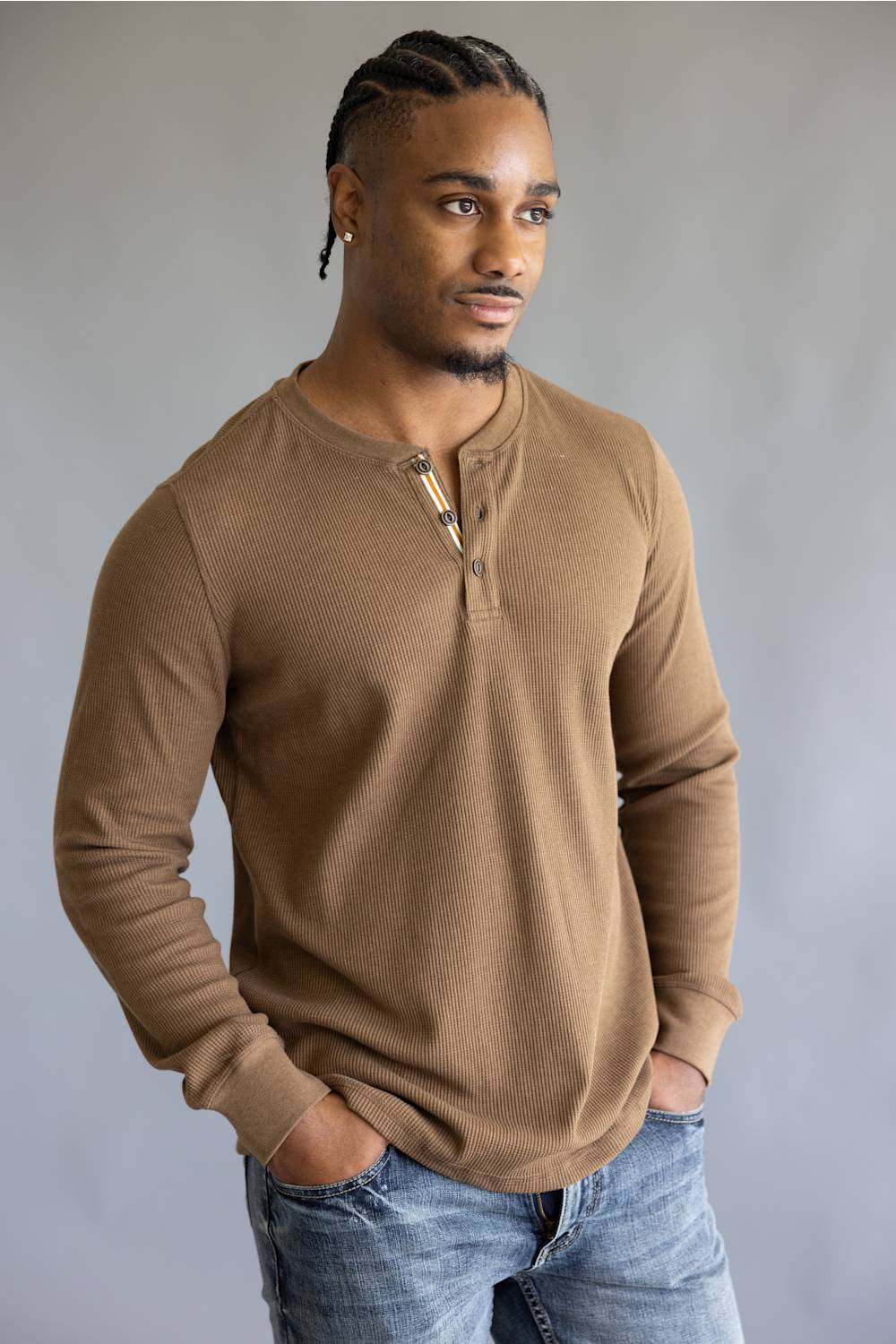 North River Waffle Henley Shirt for Men in Barn Heather