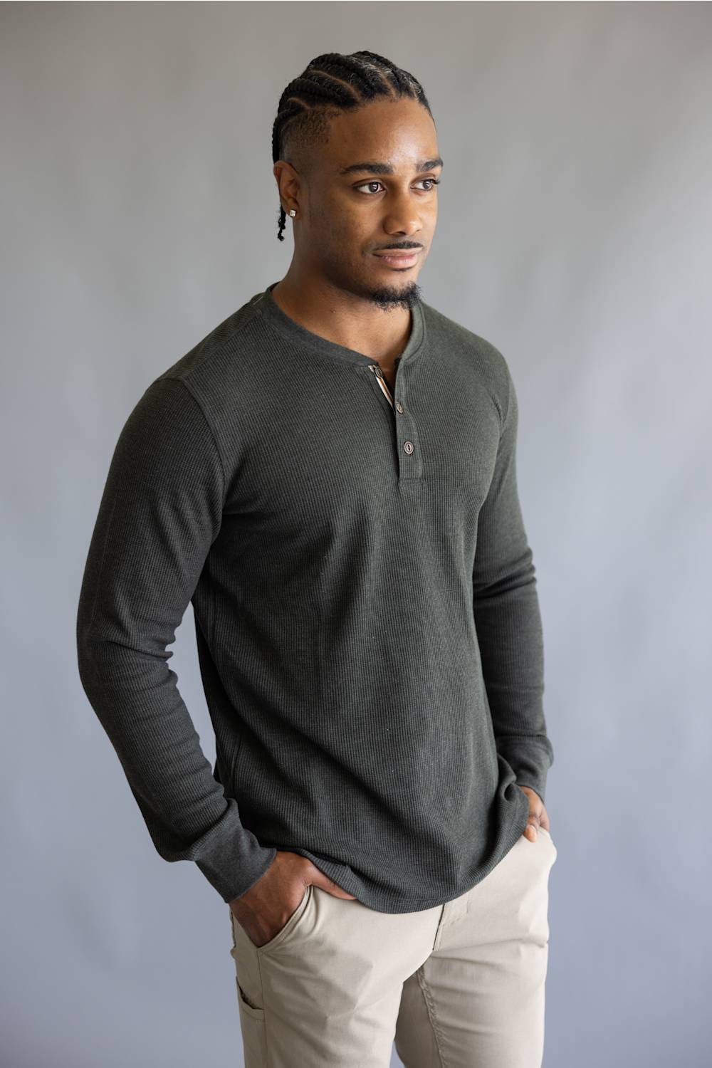 North River Waffle Henley Shirt for Men in Olive Heather