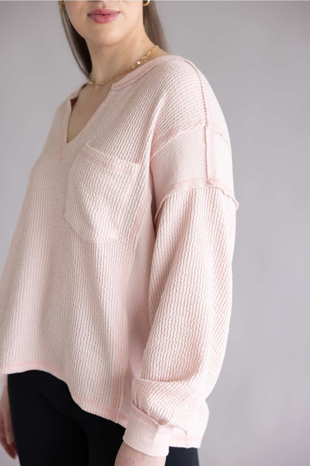 Blue Pepper Notched V Neck Knit Top Light Pink