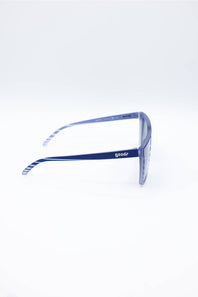 Blue acetate square sunglasses with a white striped pattern on the inner temples, shown from a side profile on a white background. The brand name 'goodr' is visible on the temple arm.