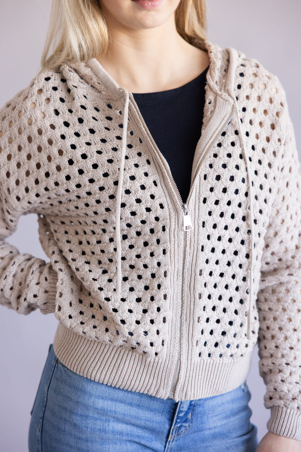 Elan Open Knit Full Zip Hooded Cardigan for Women in Taupe