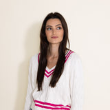 Olivaceous Pickleball V-Neck Sweater for Women in White/Pink