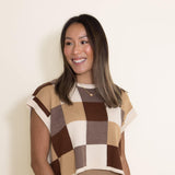 Olivaceous Checkered Colorblock Sweater Vest for Women in Brown
