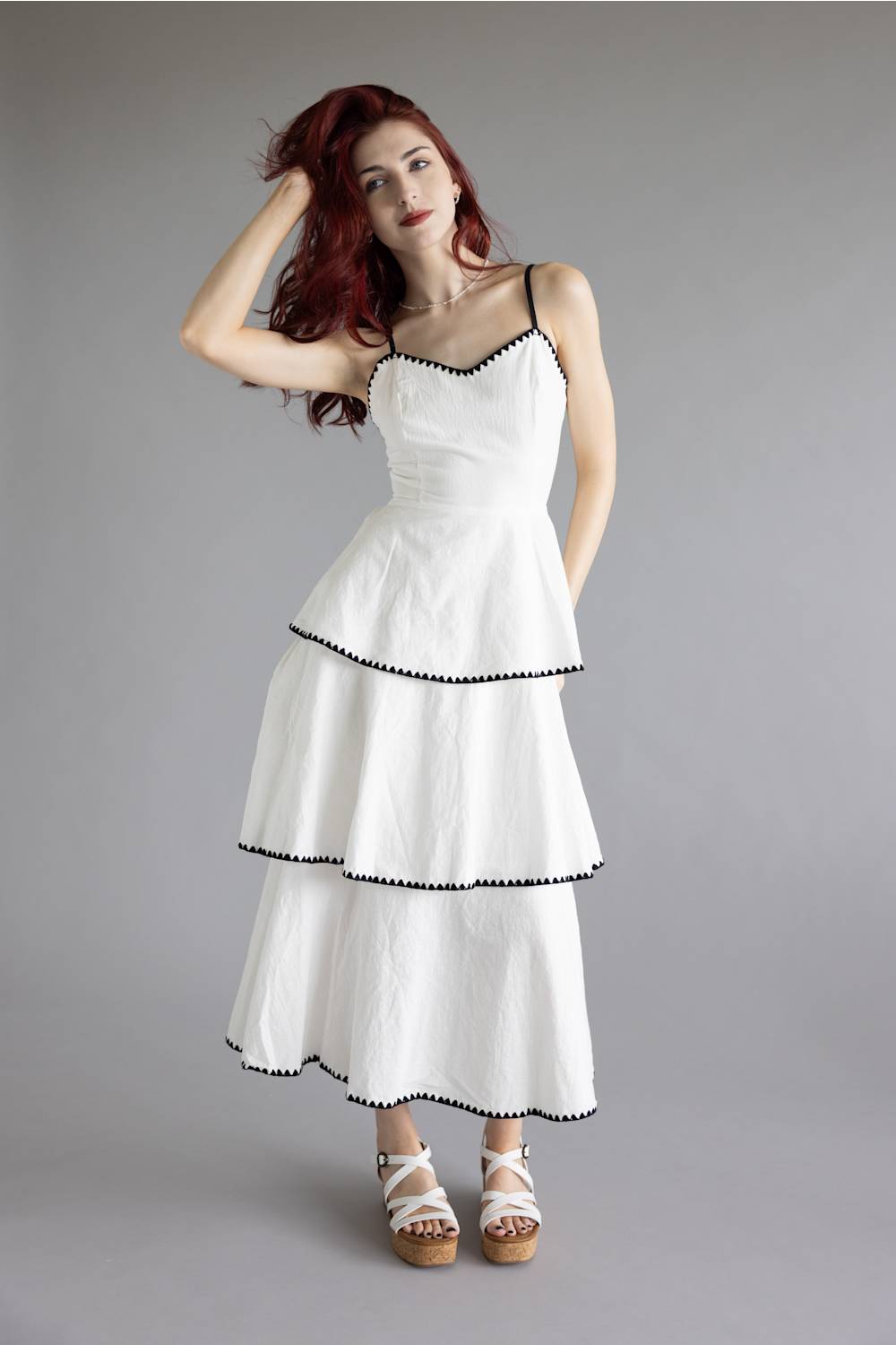 Open Back Tiered Midi Dress for Women in Off White