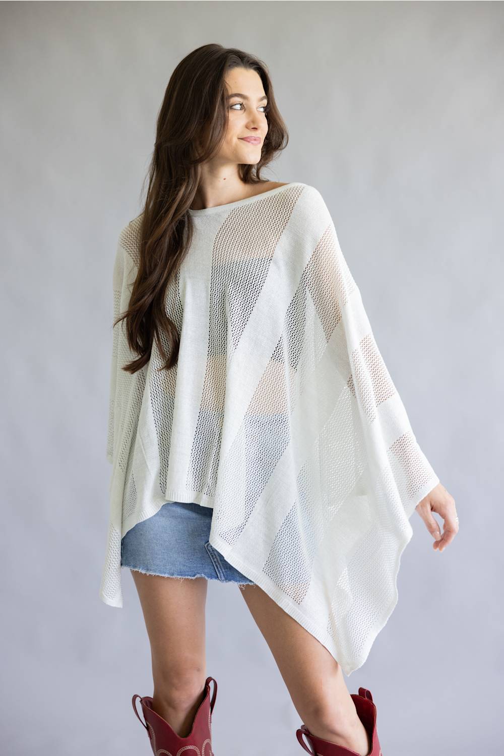 Open Knit Poncho for Women in Ivory