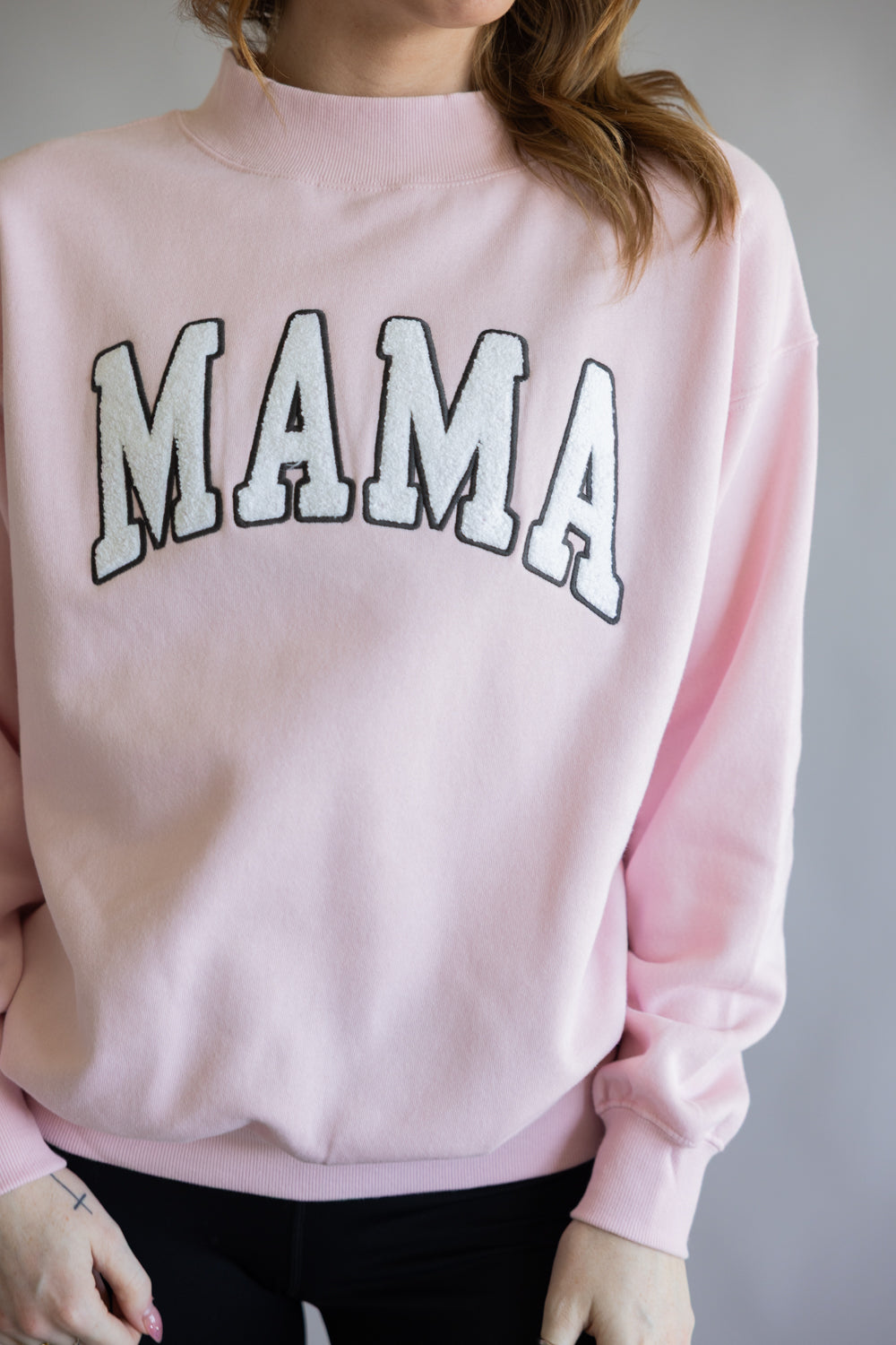 Oversized Mama Mock Neck Fleece Sweatshirt for Women in Baby Pink