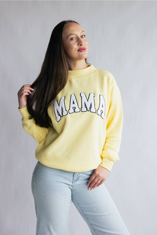 Oversized Mama Mock Neck Fleece Sweatshirt for Women in Light Yellow