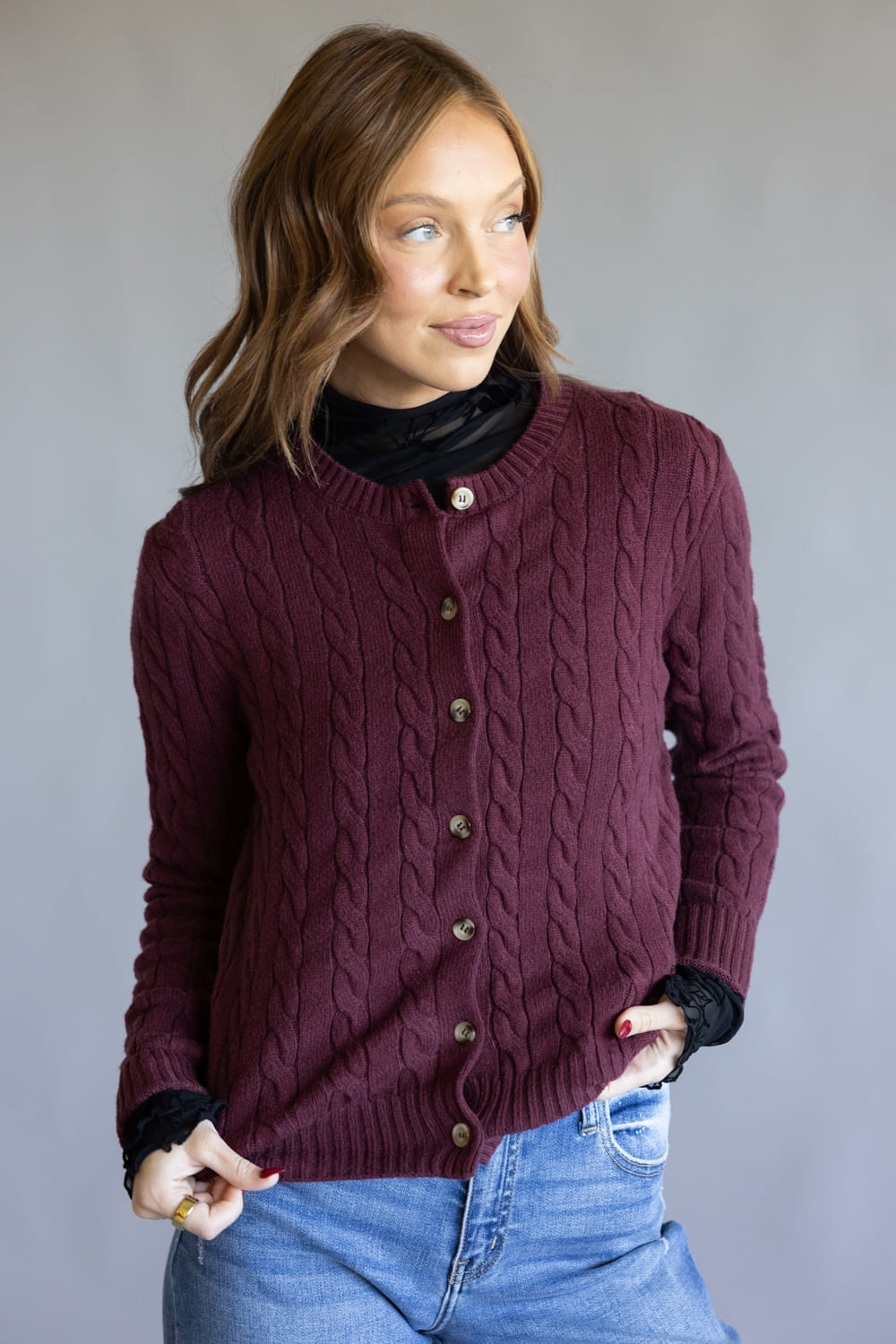Button Front Cable Cardigan for Women in Port Wine