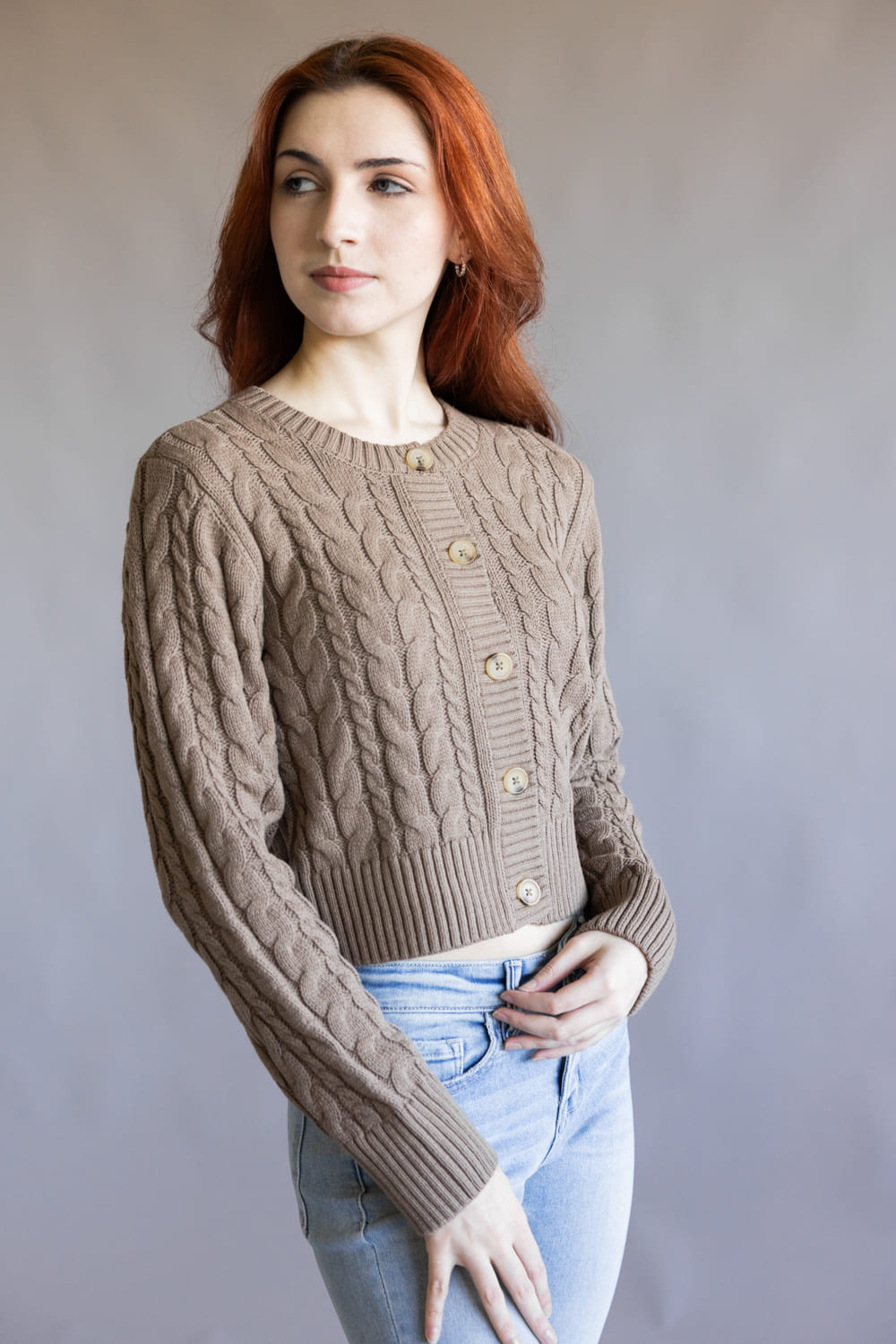 Button Front Cable Cardigan for Women in Portabella