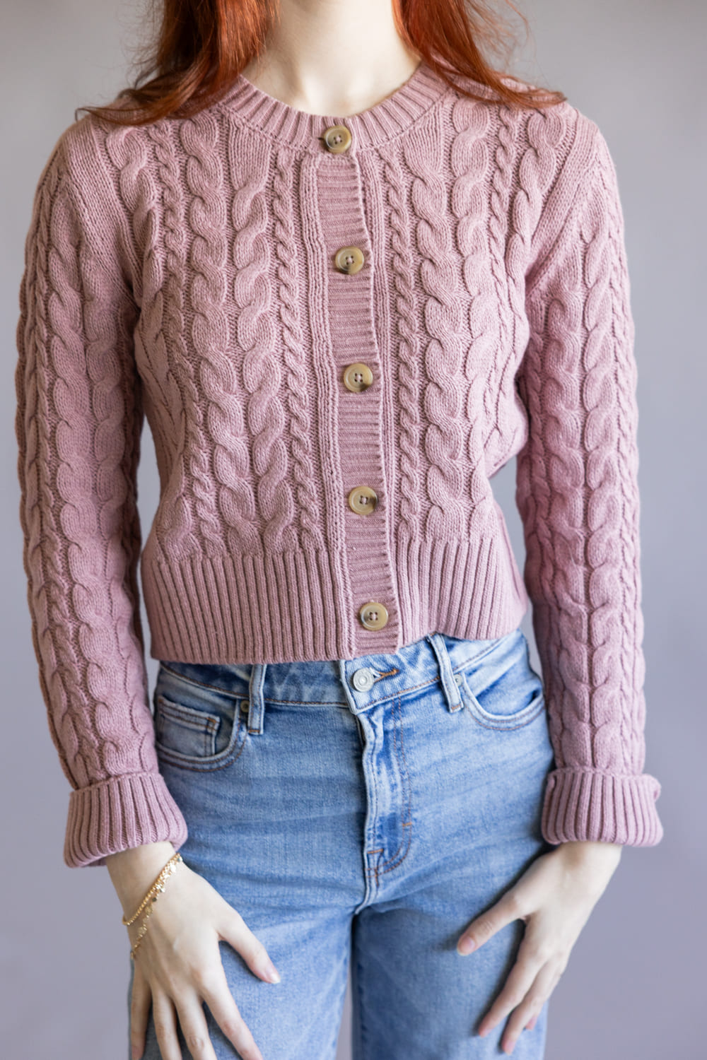 Button Front Cable Cardigan for Women in Faded Mauve