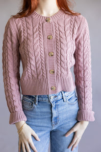 Button Front Cable Cardigan for Women in Faded Mauve