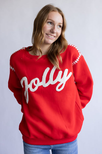 Jolly Embroidered Sweatshirt for Women in Red