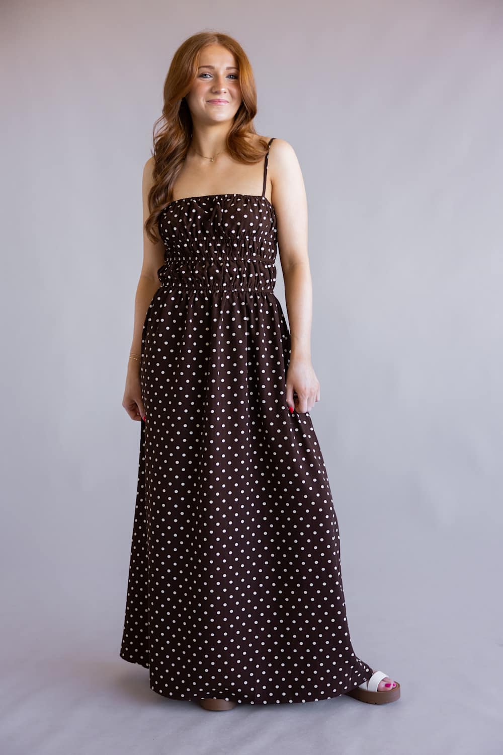 ACOA Polka Dot Midi Dress for Women in Brown | ACD72050A-BRN Glik's ACOA Polka Dot Midi Dress for Women in Brown | ACD72050A-BRN Glik's