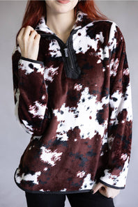 Simply Southern Y-Neck Pullover for Women in Cow Print