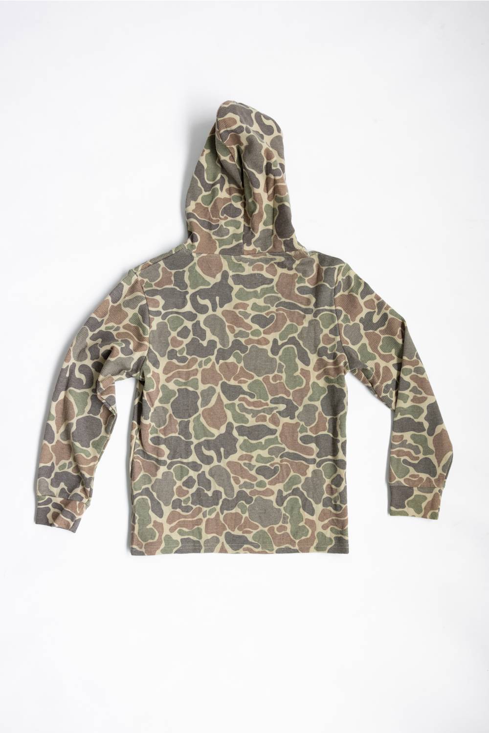 Waffle knit textured boy's hoodie with all over camo pattern and long sleeves 