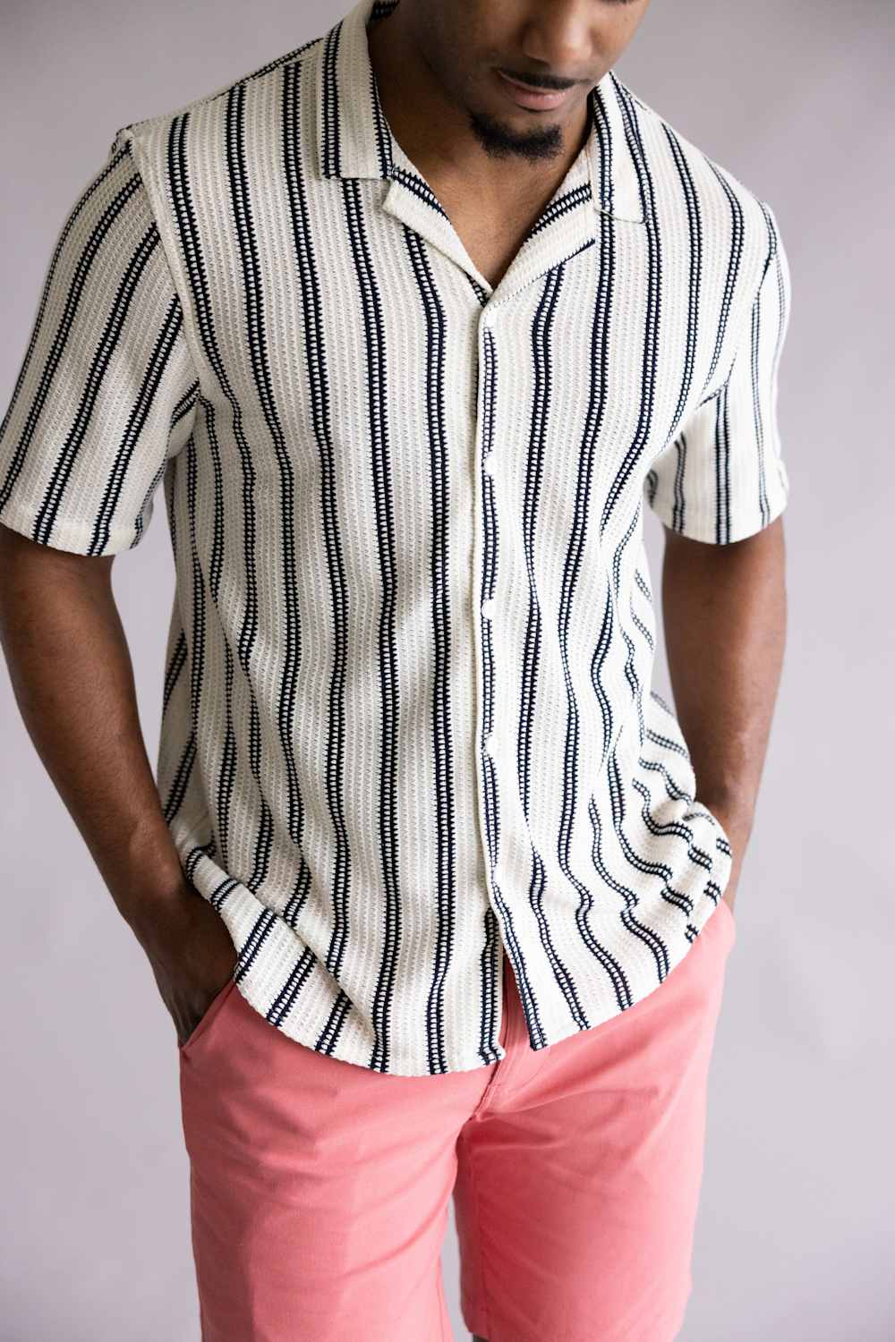Textured Woven Button Up Shirt for Men in Cream/Black