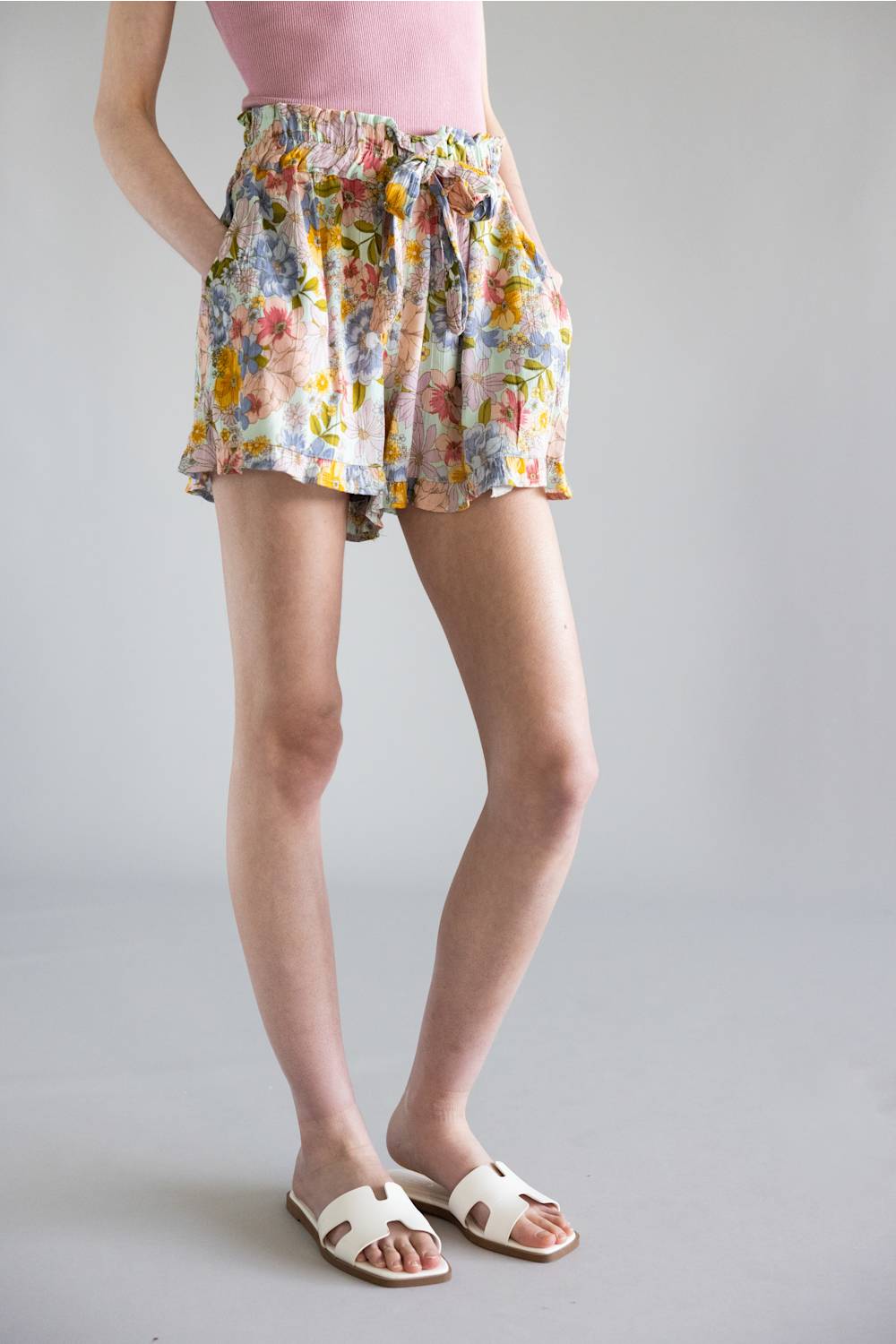 Paperbag Floral Tie Waist Ruffle Shorts for Women in Bay