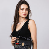 Pebbled Tie Handbag Cherry Charm Purse for Women in Black