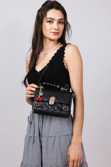 Pebbled Tie Handbag Cherry Charm Purse for Women in Black