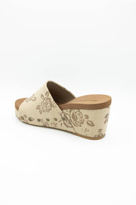 Pierre Dumas Vivian Floral Wedge Sandals for Women in Bronze; Wedge sandal with floral pattern on a white background